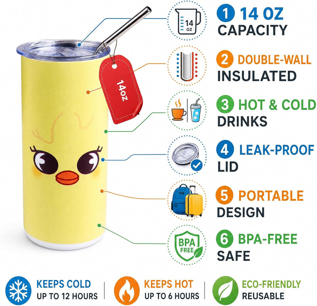 SKZOO Travel Coffee Cups 14 oz Cartoon Design Insulated Tumbler for Hot and Cold Beverages Portable Coffee Mugs Ideal for Travel Home and Office Use (YELLOW)