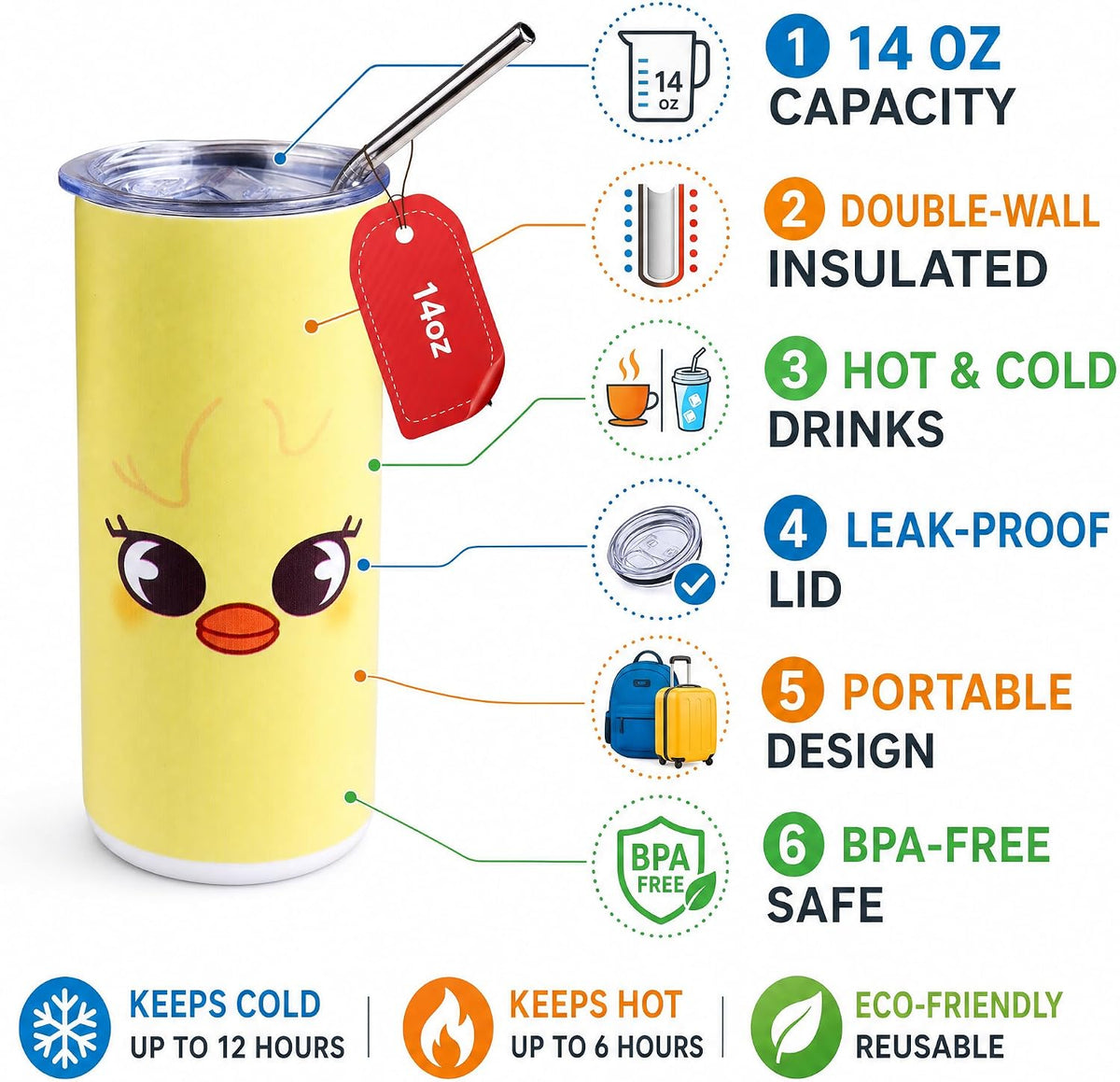 SKZOO Travel Coffee Cups 14 oz Cartoon Design Insulated Tumbler for Hot and Cold Beverages Portable Coffee Mugs Ideal for Travel Home and Office Use (YELLOW)