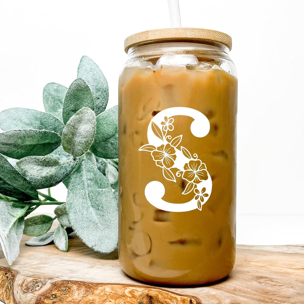 Personalized Tumbler, Monogrammed Can Glass Cups with Bamboo Lids and Straws, Customized Gifts for Women, Cute Design Initial Iced Coffee glasses, Custom Letter Mug, Birthday Bridesmaid, L