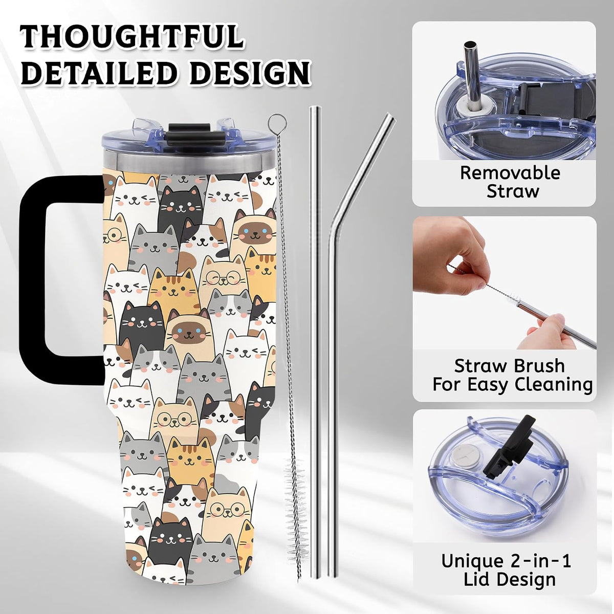 40oz Cats Tumbler Gifts for Women, Cute Cat Water Bottle with Handle & Straw