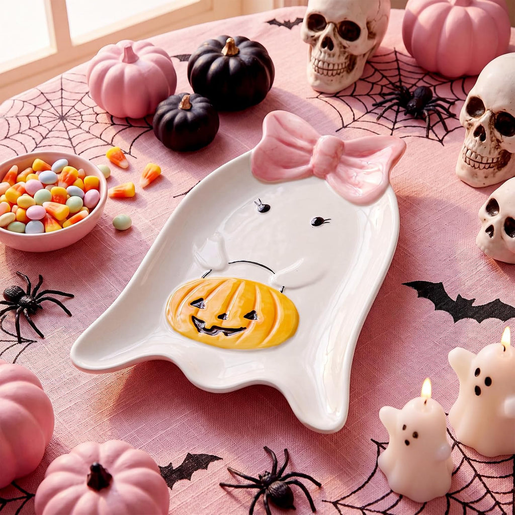 Potchen Pink Halloween Ghost Ceramic Plate, Coquette Bow Candy Serving Dish