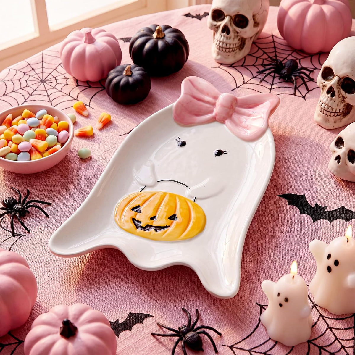 Potchen Pink Halloween Ghost Ceramic Plate, Coquette Bow Candy Serving Dish