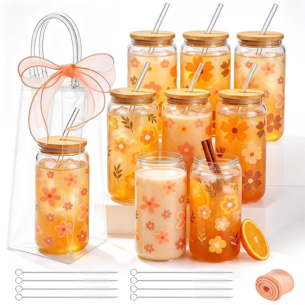 Mumufy 6 Sets Wildflower Cute Glass Cups with Lids and Straws Bulk, 16 Oz