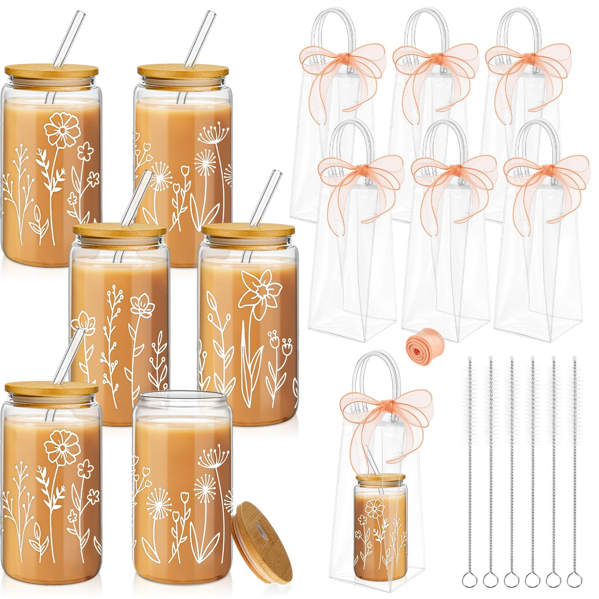 Mumufy 6 Sets Wildflower Cute Glass Cups with Lids and Straws Bulk, 16 Oz