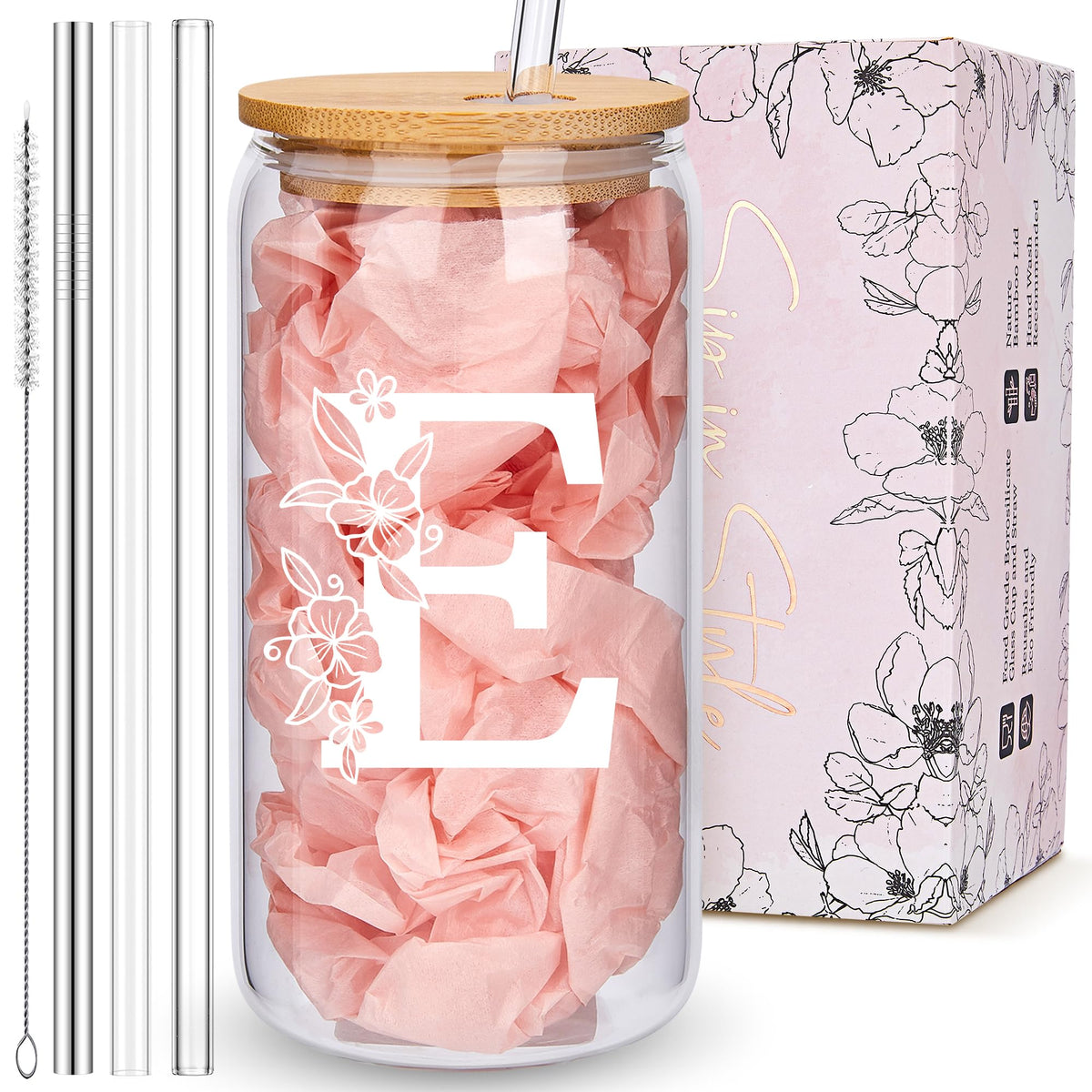Personalized Tumbler, Monogrammed Can Glass Cups with Bamboo Lids and Straws, Customized Gifts for Women, Cute Design Initial Iced Coffee glasses, Custom Letter Mug, Birthday Bridesmaid, L