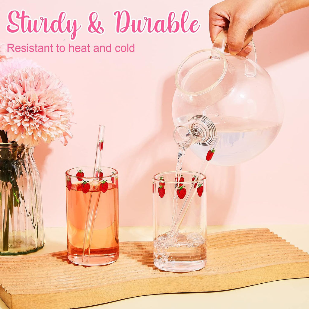 Tessco for you 2 Set Strawberry Glass Cup with Straw Clear Drinking Tumbler