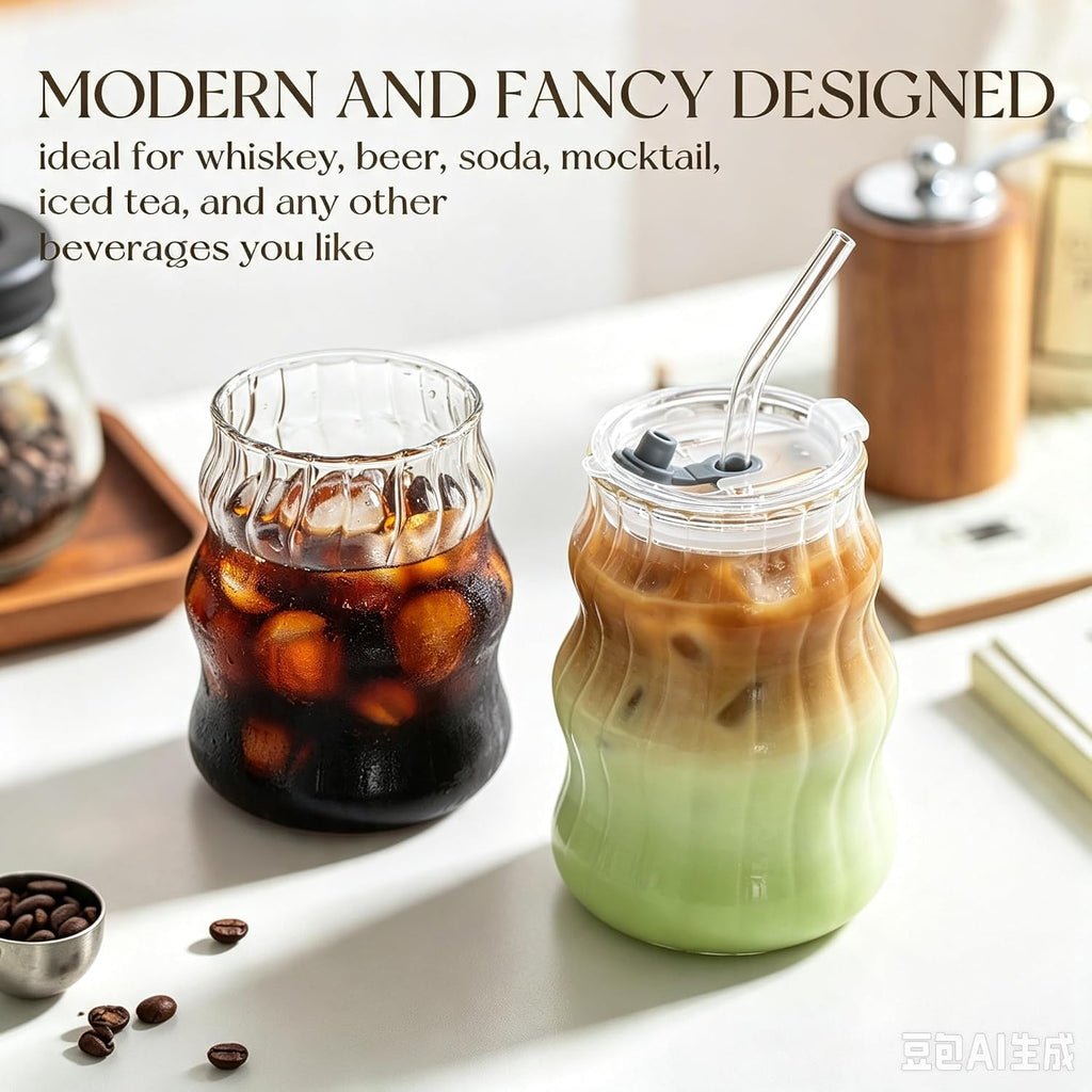 KEMORELA Ribbed Glass Cups with Lids and Straws，18oz Cute Iced Coffee Cups