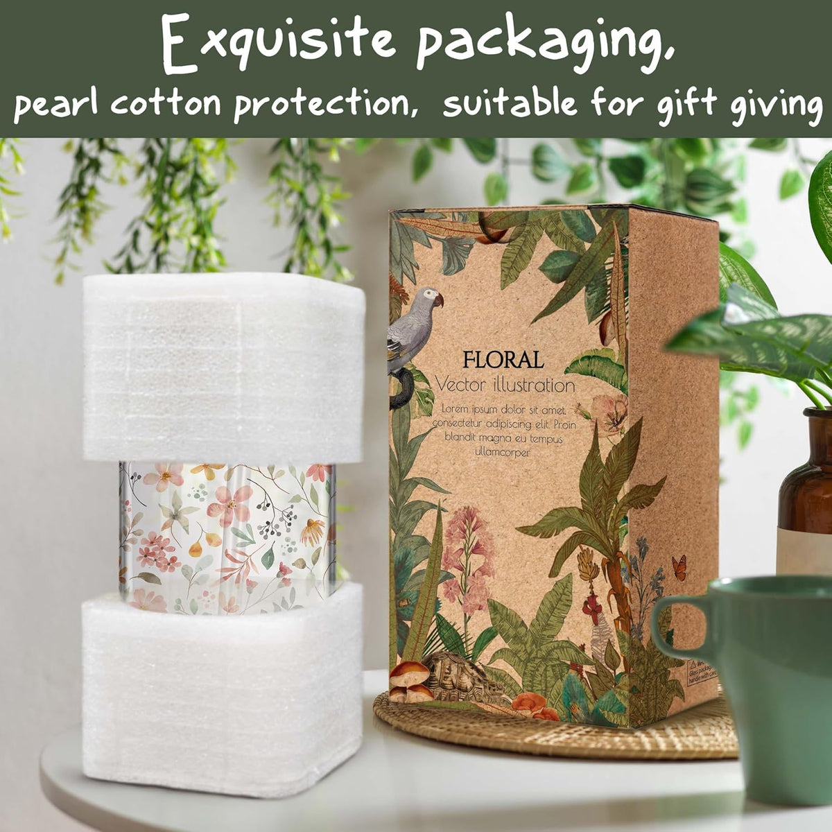 Floral Iced Glass Cups with Bamboo Lids and Straws 16oz Wildflower Coffee Cup Gift for Women Cute Flower Drinking Glass with Cleaning Brushes, Flower Gifts for Mother 's Day Birthday Bridesmaid Party