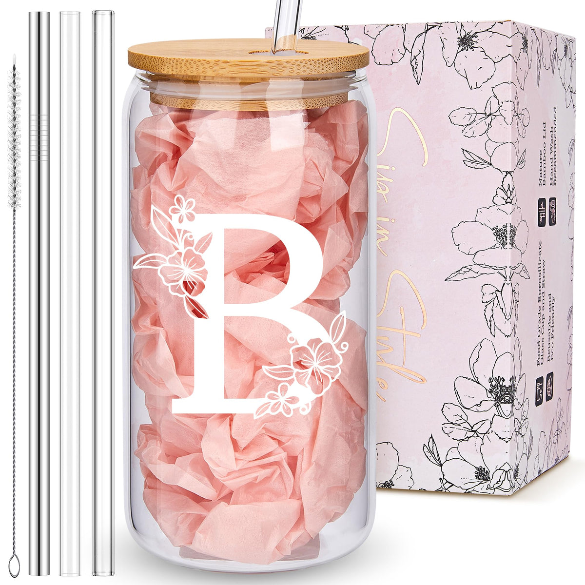 Personalized Tumbler, Monogrammed Can Glass Cups with Bamboo Lids and Straws, Customized Gifts for Women, Cute Design Initial Iced Coffee glasses, Custom Letter Mug, Birthday Bridesmaid, L