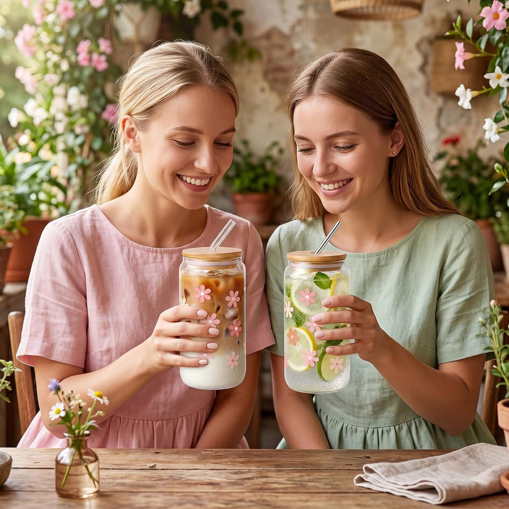 Cute Glass Cups with Lids and Straws, Daisy Flower Cup for Iced Coffee