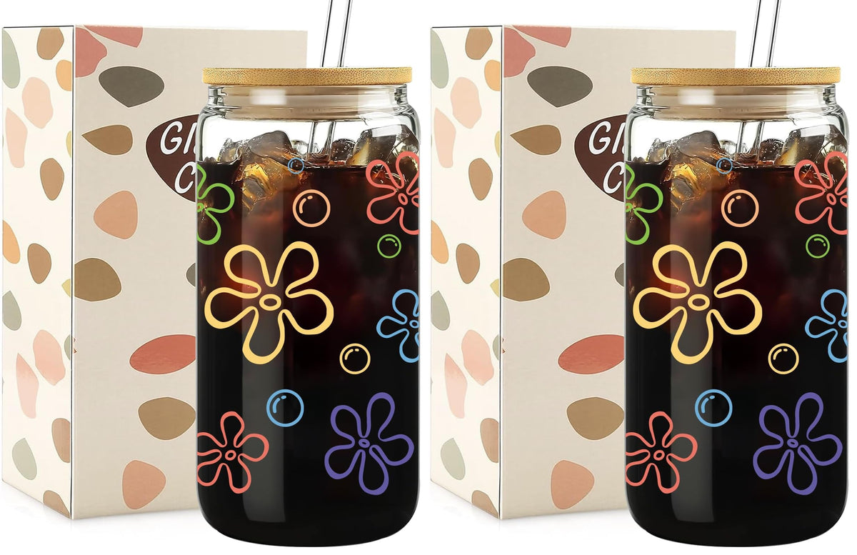 Mikopei Cute Glass Cups with Lids and Straws, Beach Gifts for Women Men
