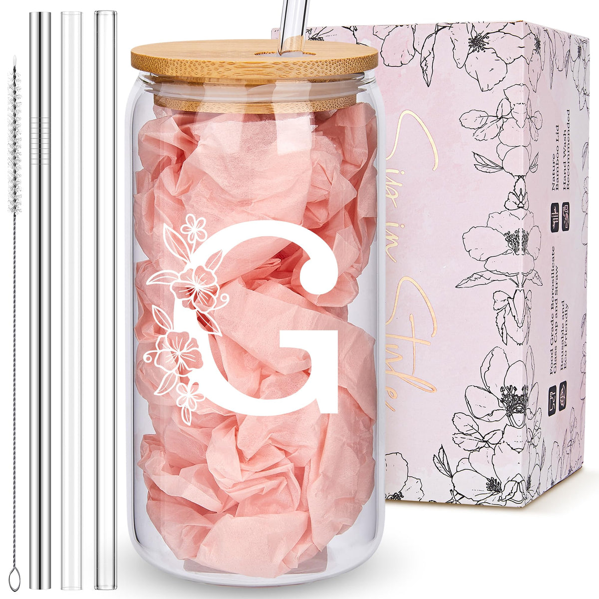 Personalized Tumbler, Monogrammed Can Glass Cups with Bamboo Lids and Straws, Customized Gifts for Women, Cute Design Initial Iced Coffee glasses, Custom Letter Mug, Birthday Bridesmaid, L