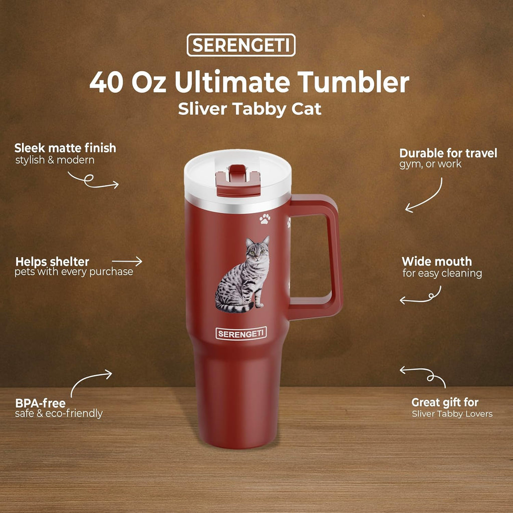 SERENGETI 40oz Ultimate Tumbler with Handle and Straw - Vacuum Insulated Tumbler with Straw and Lid - Stainless Steel Travel Mug for Pet Lovers - 3D Designs of your favorite Cat (Silver Tabby)