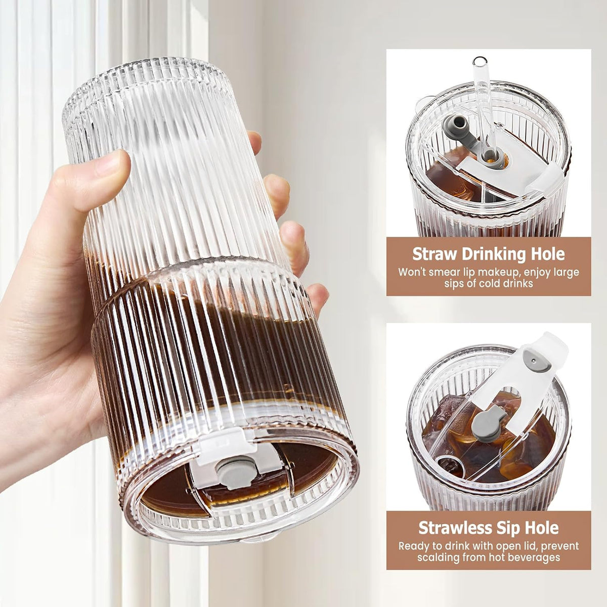 TUZAZO 4 Pack 20oz Ribbed Glass Tumblers with Lids and Straws