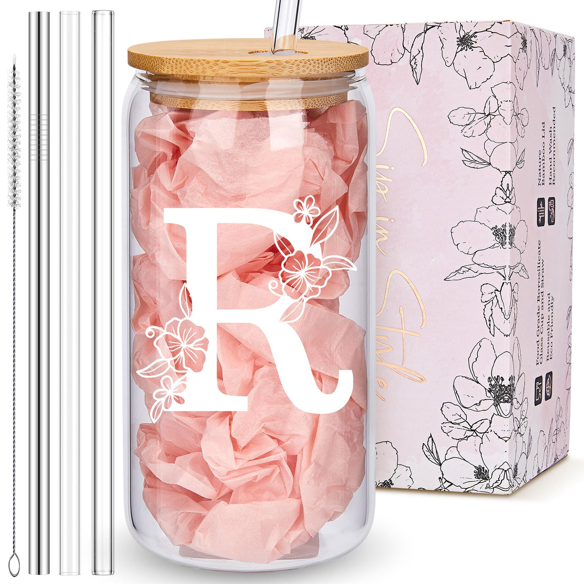 Personalized Tumbler, Monogrammed Can Glass Cups with Bamboo Lids and Straws, Customized Gifts for Women, Cute Design Initial Iced Coffee glasses, Custom Letter Mug, Birthday Bridesmaid, L
