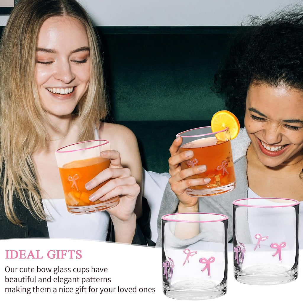 2 Pcs Pink Bow Icon Juice Glass Coquette Bow Aesthetic Anthropologie Cup 14 Oz Double Old Fashioned Icon Hand Blown Glass with Heavy Base for Cute Cocktail Glasses Women Friend Party