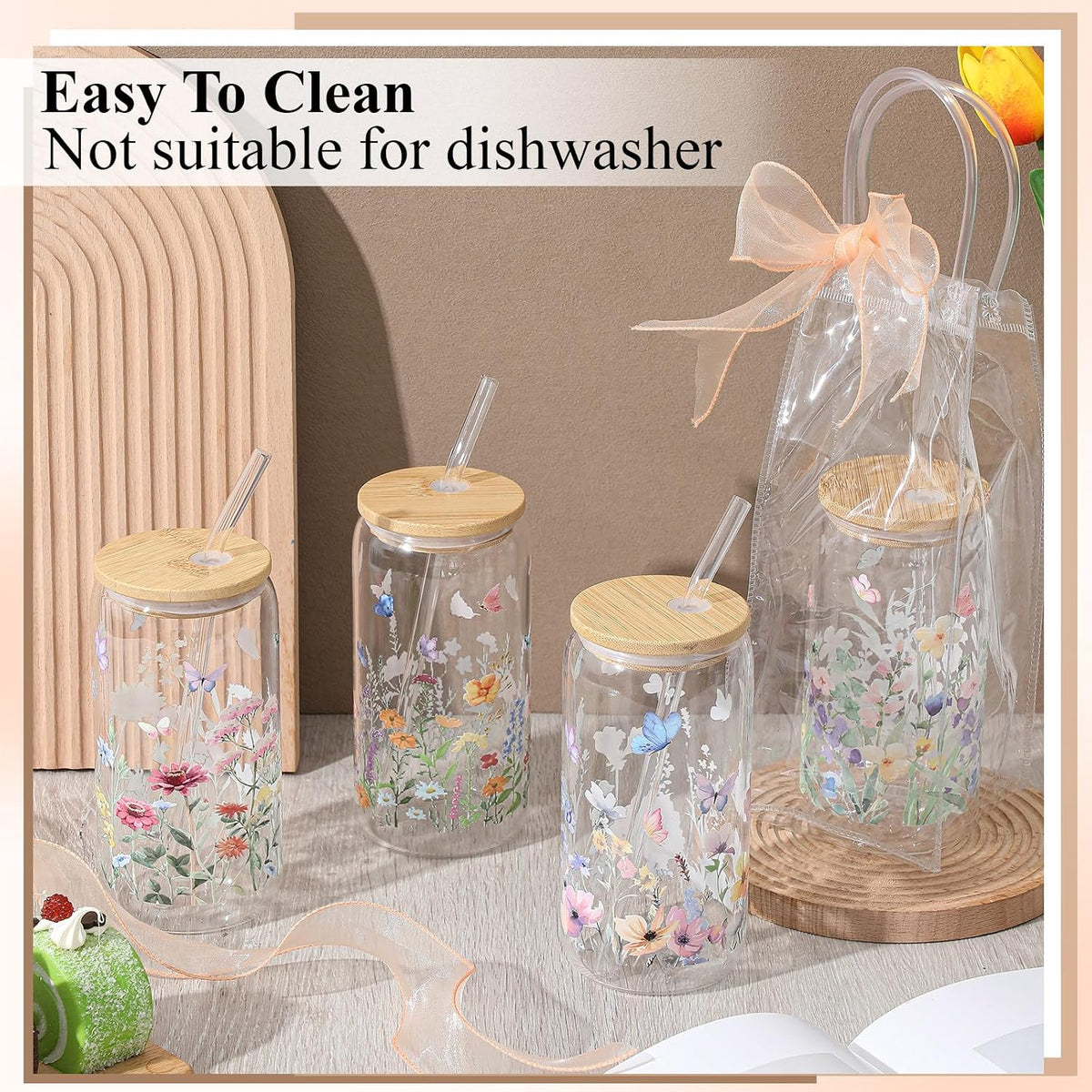Mumufy 6 Sets Wildflower Cute Glass Cups with Lids and Straws Bulk, 16 Oz