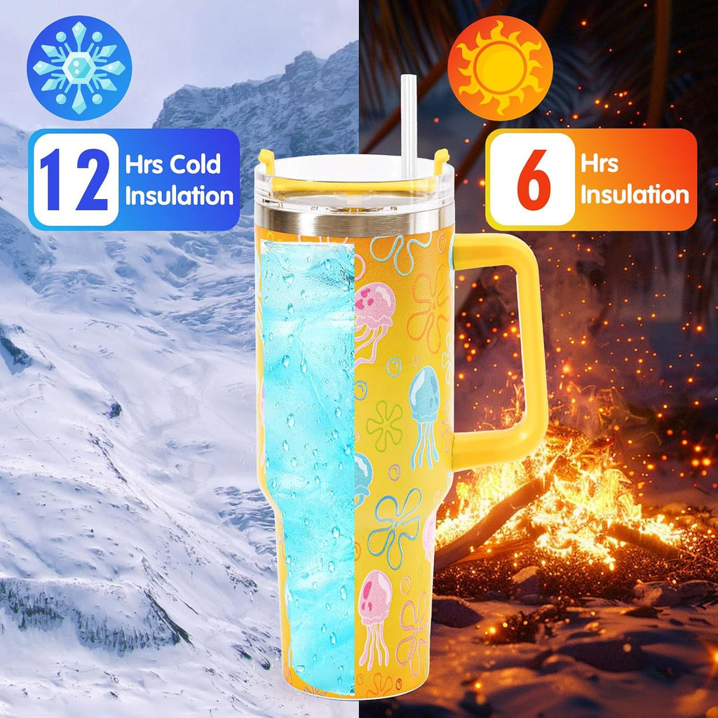 Whaline 40 Oz Cartoon Sponge Tumbler with Handle Straw and Lid Ocean Themed Travel Tumbler Flower Bubble Jellyfish Coffee Cup for Friend Summer Holiday Birthday Party Favors
