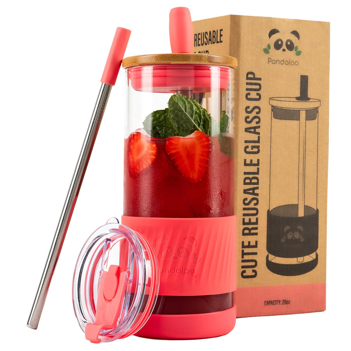 Pandaloo® Glass Cups With Lids and Straws -20 Fl Oz- Perfect Size Iced Coffee Cup - Smoothie Cup With Bamboo Lid and On the go Lid - Glass Tumbler With Straw (1 Count (Pack of 1), Tender Pink)