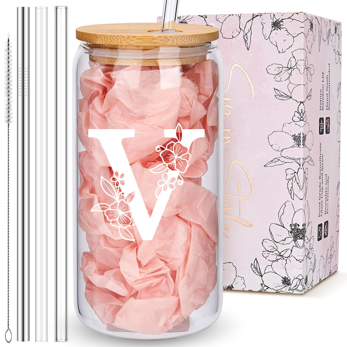Personalized Tumbler, Monogrammed Can Glass Cups with Bamboo Lids and Straws, Customized Gifts for Women, Cute Design Initial Iced Coffee glasses, Custom Letter Mug, Birthday Bridesmaid, L