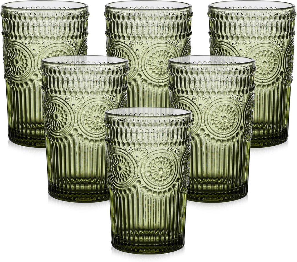 ZMOWIPDL Drinking Glasses Set of 6,13oz Flower Design Green Glass Cups