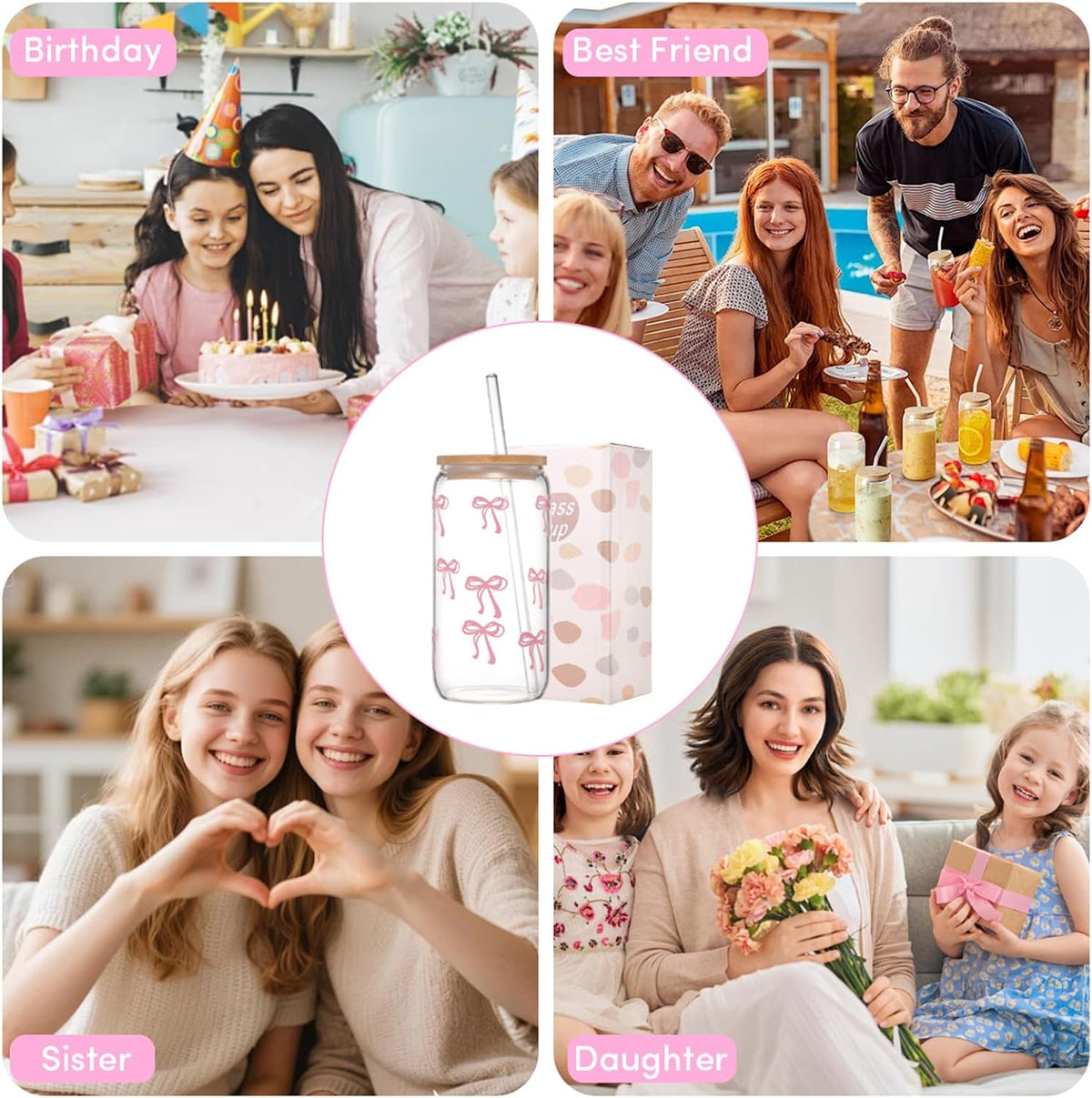 ANABIUP Coquette Cute Pink Bow Glass Cups with Lids and Straws, Aesthetic Iced Coffee Cup, Girly Preppy Design Tumbler Mug for Teen Girls Women Girlfriends Gifts