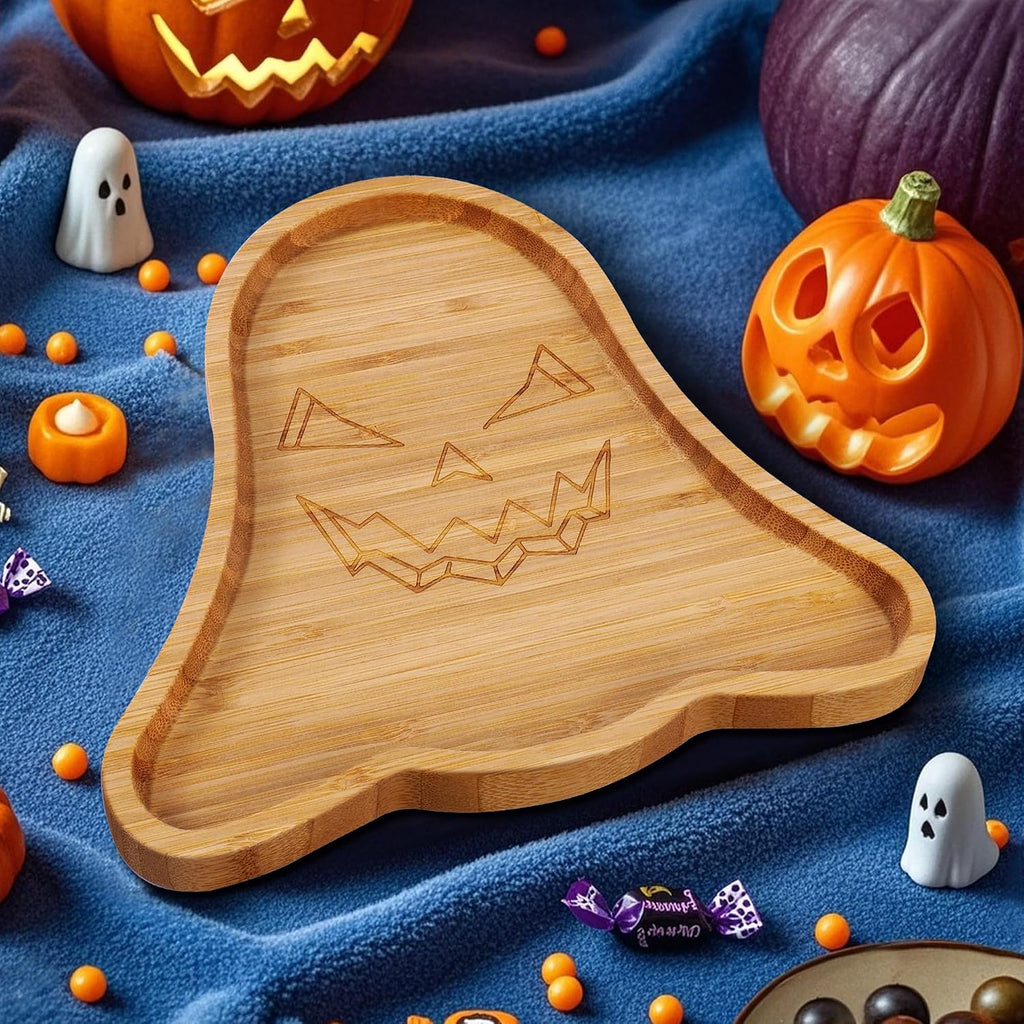 TJ POP Ghost Serving Tray - Spooky Ghost Shaped Bamboo Serving Platter, Festive Wooden Charcuterie Board, Snack Cheese Dish Plate for Candy, Treats, Drinks & Holiday Party Decor (10" x 9")