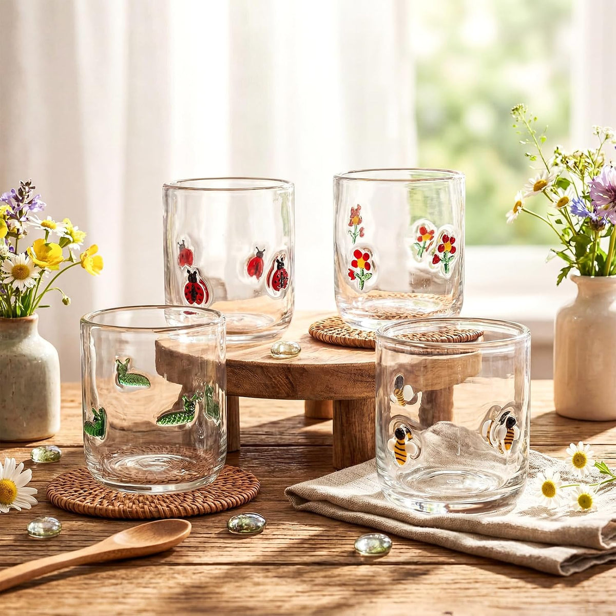 Vesici 4 Pcs Juice Glasses 14 oz Glass Cups Stemless Wine Glasses Hand Blown Drinking Cocktail Cups for Easter Christian Gifts Party Supplies(Ladybug)