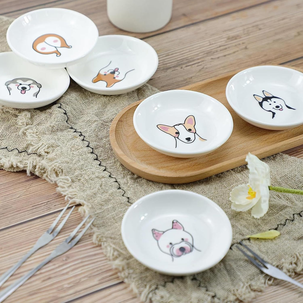 SOCOSY Super Cute Cartoon Animal Pattern Ceramic Sauce Dish/Seasoning Dish/Sushi Soy Dipping Bowl/Appetizer Plates/Serving Dish for Kitchen Home(Set of 6)-Dog Heads