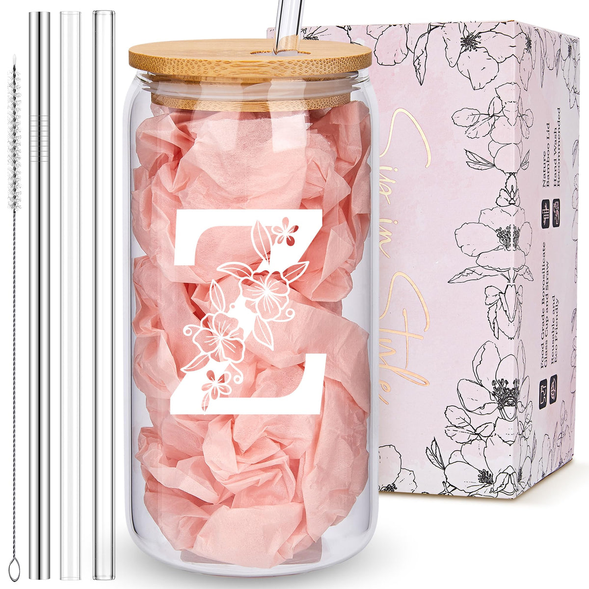 Personalized Tumbler, Monogrammed Can Glass Cups with Bamboo Lids and Straws, Customized Gifts for Women, Cute Design Initial Iced Coffee glasses, Custom Letter Mug, Birthday Bridesmaid, L