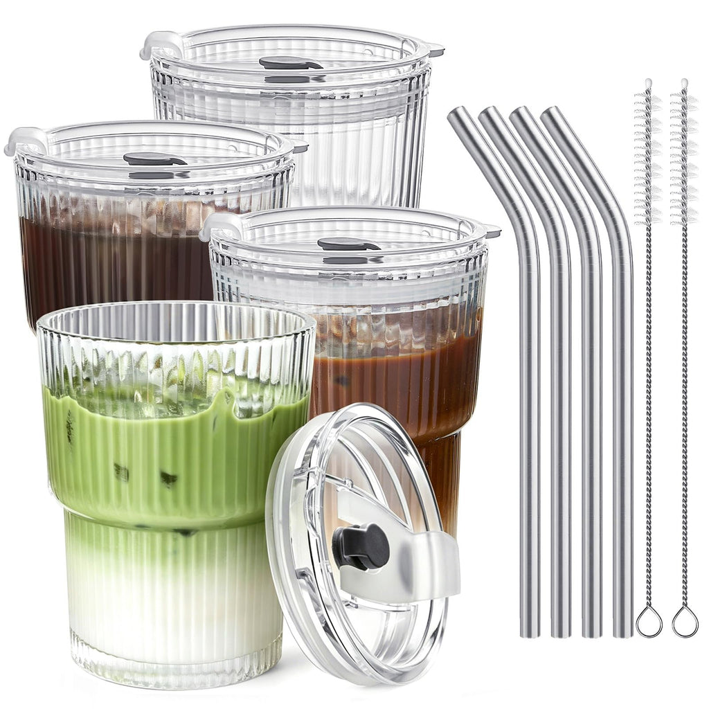 TUZAZO 4 Pack 20oz Ribbed Glass Tumblers with Lids and Straws