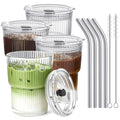 TUZAZO 4 Pack 20oz Ribbed Glass Tumblers with Lids and Straws