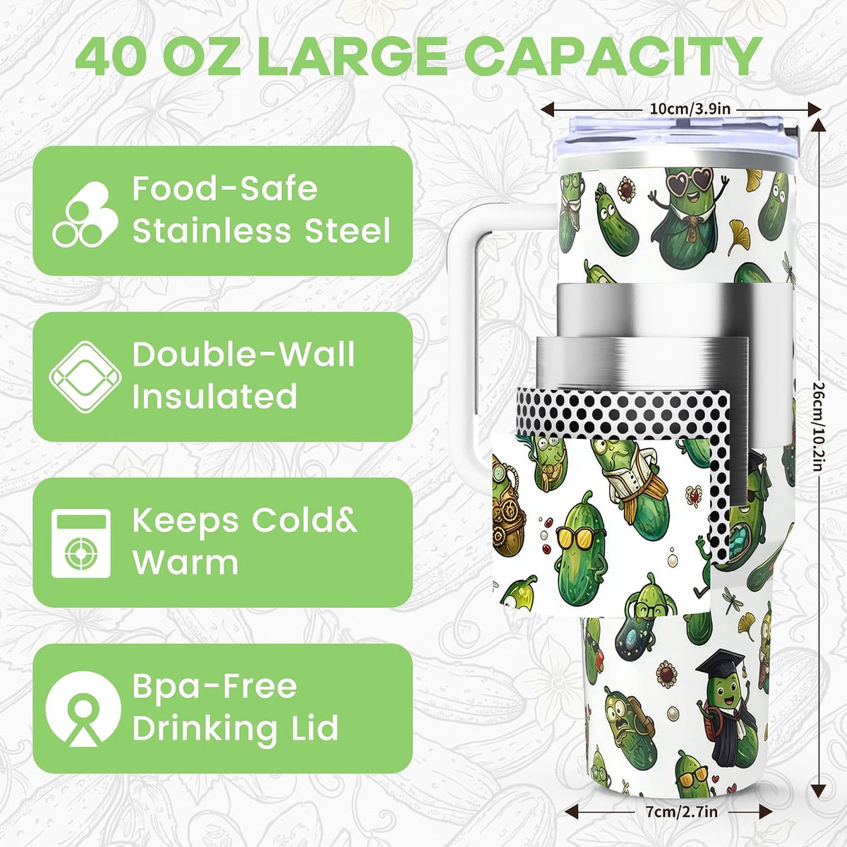 Pickle Gifts, 40 Oz Insulated Stainless Steel Tumbler with Handle & Straw
