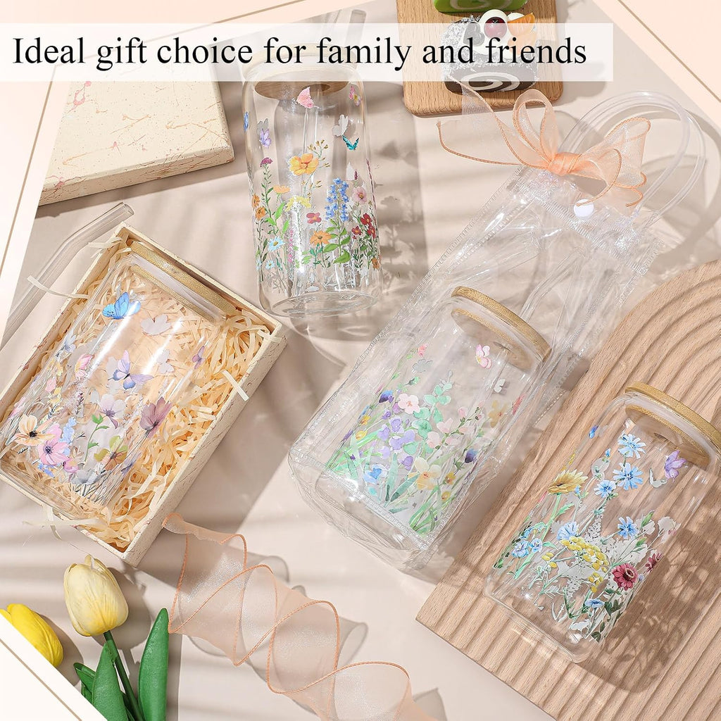 Mumufy 6 Sets Wildflower Cute Glass Cups with Lids and Straws Bulk, 16 Oz
