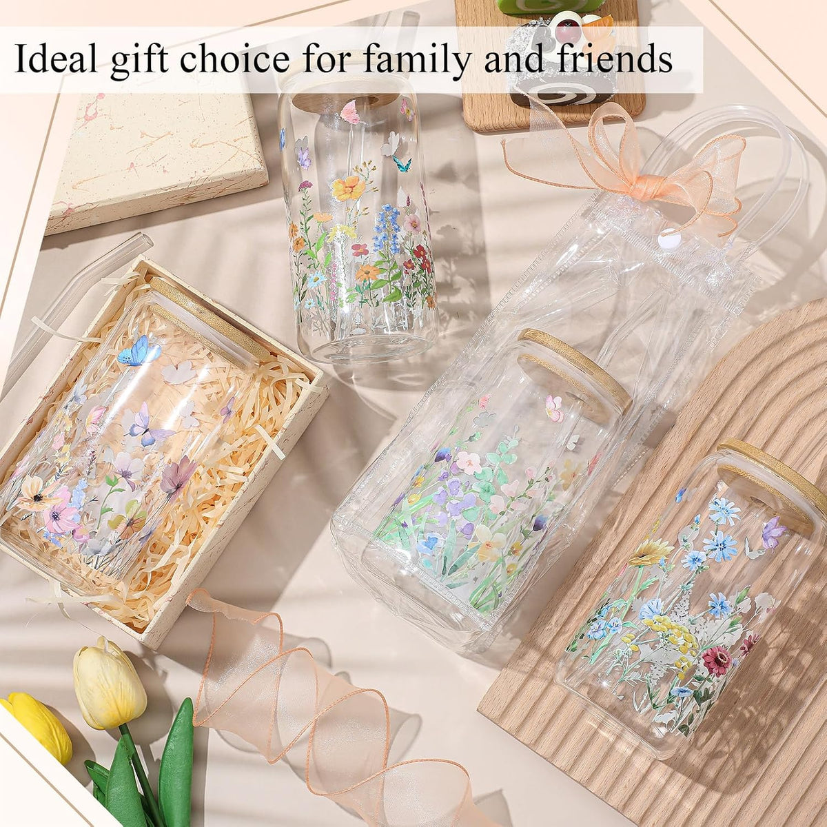 Mumufy 6 Sets Wildflower Cute Glass Cups with Lids and Straws Bulk, 16 Oz