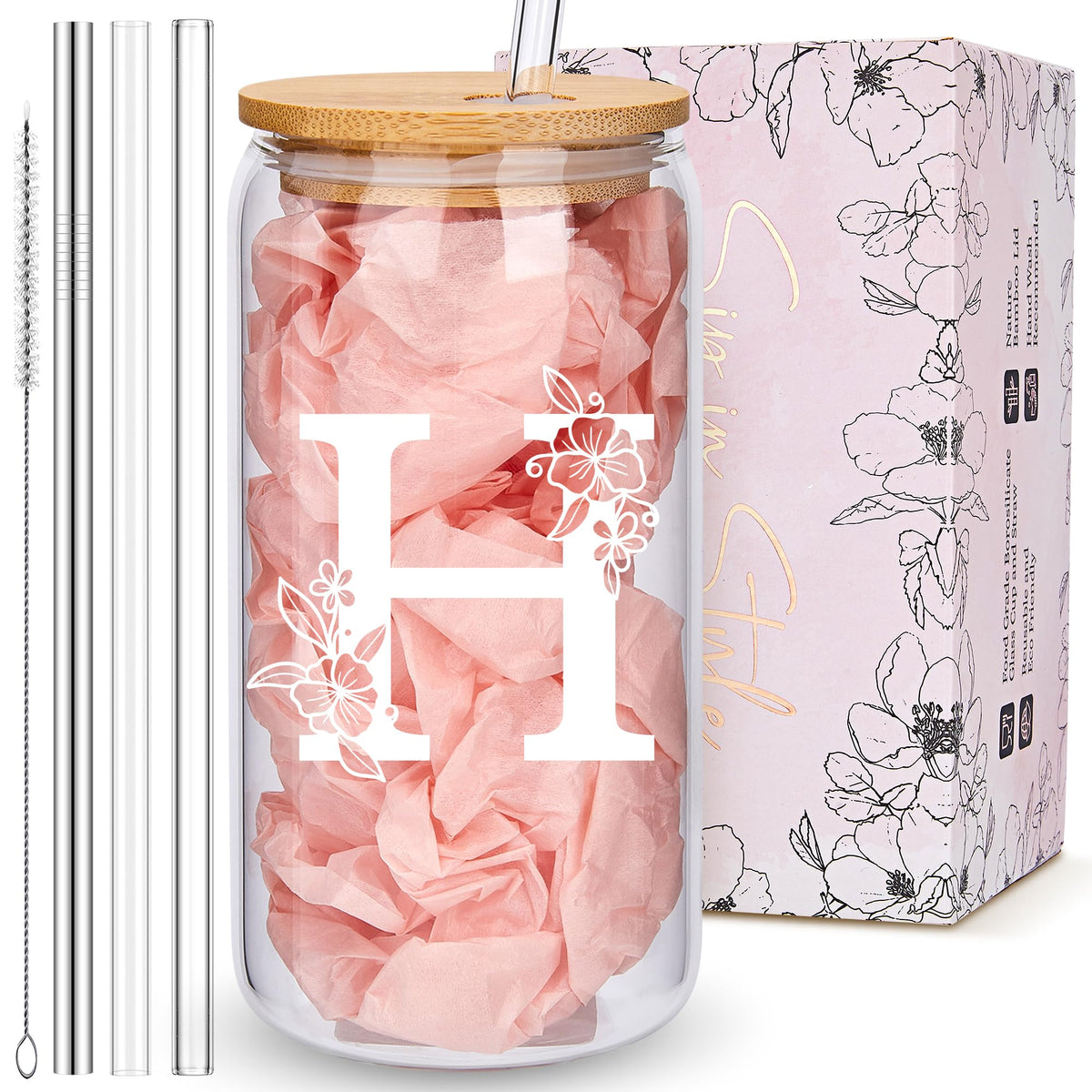 Personalized Tumbler, Monogrammed Can Glass Cups with Bamboo Lids and Straws, Customized Gifts for Women, Cute Design Initial Iced Coffee glasses, Custom Letter Mug, Birthday Bridesmaid, L