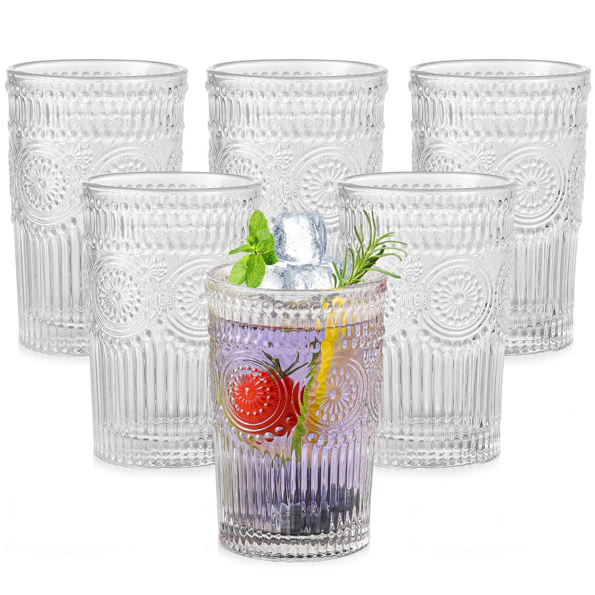 ZMOWIPDL Drinking Glasses Set of 6,13oz Flower Design Green Glass Cups