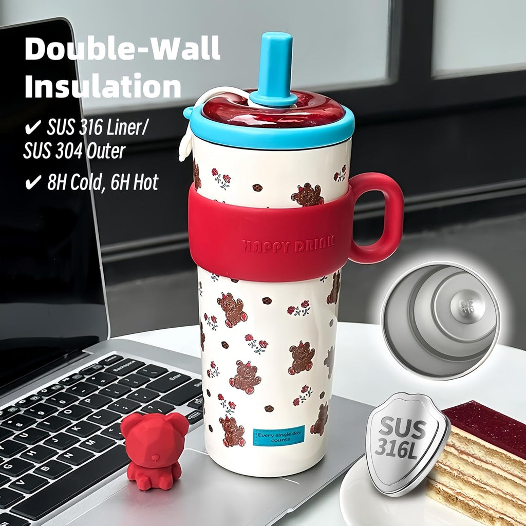 21oz Cute Bear Car Cup with Straw & Cap, Leak-Proof Portable Mug with Tea Strainer, Insulated for Hot/Cold - Ideal for Car, Office, Outdoor (Purple)