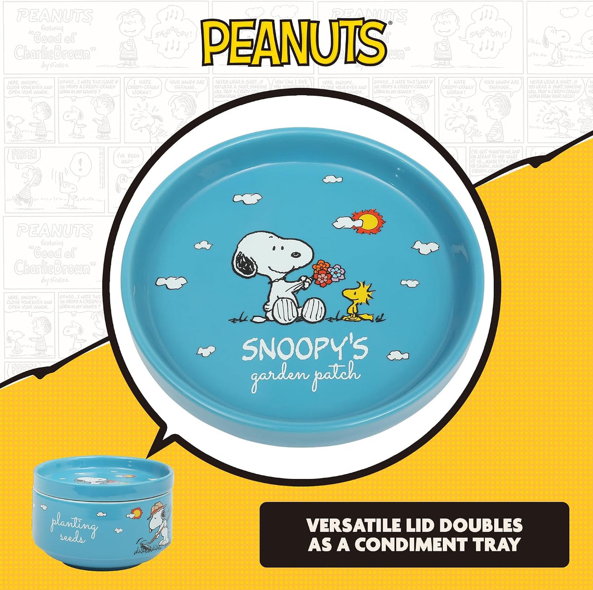 Peanuts Snoopy 6-Piece Stackable 5.5-Inch Decorated Stoneware Bowl Set With Matching Plate, Microwave & Dishwasher Safe, Collectible Kitchen Dinnerware