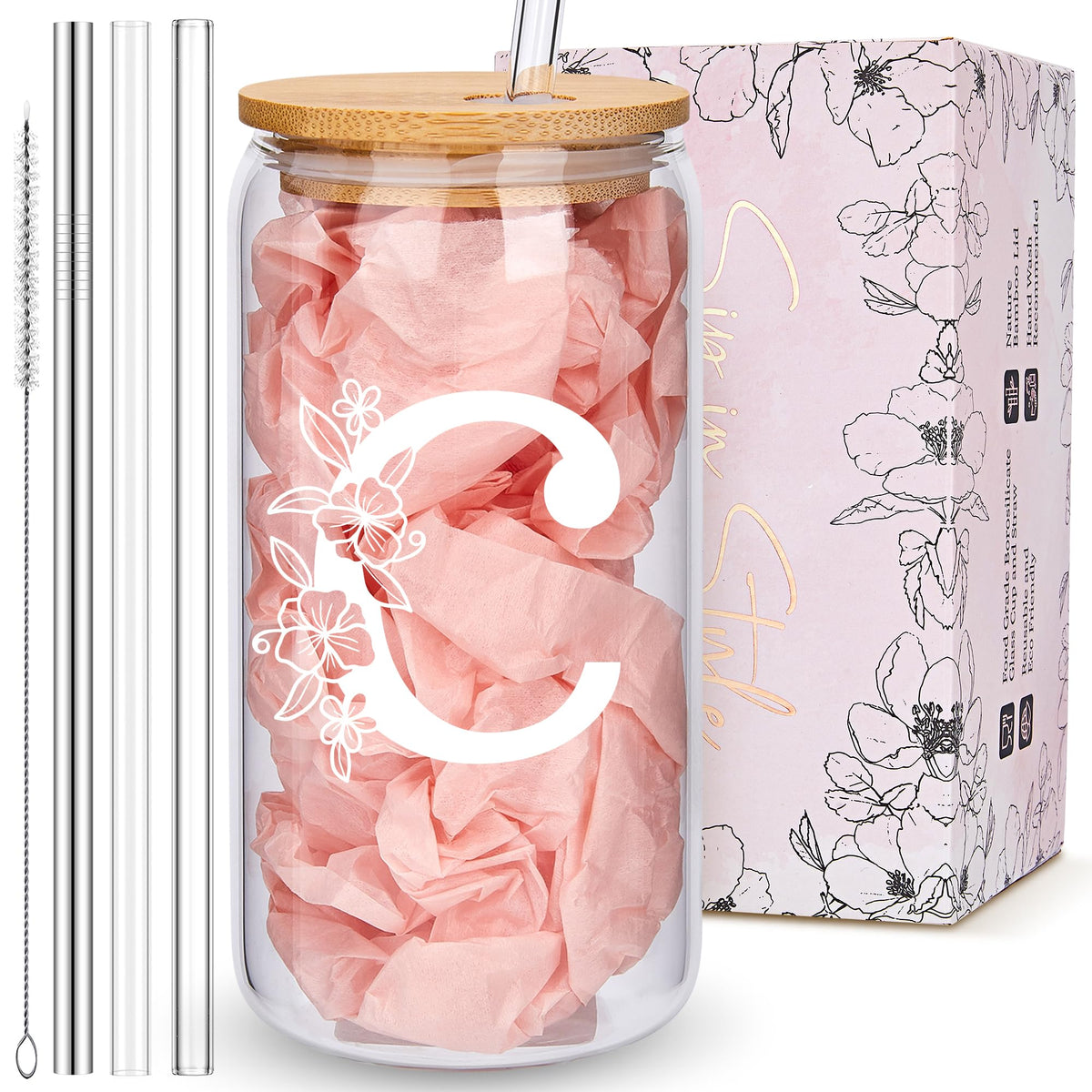 Personalized Tumbler, Monogrammed Can Glass Cups with Bamboo Lids and Straws, Customized Gifts for Women, Cute Design Initial Iced Coffee glasses, Custom Letter Mug, Birthday Bridesmaid, L