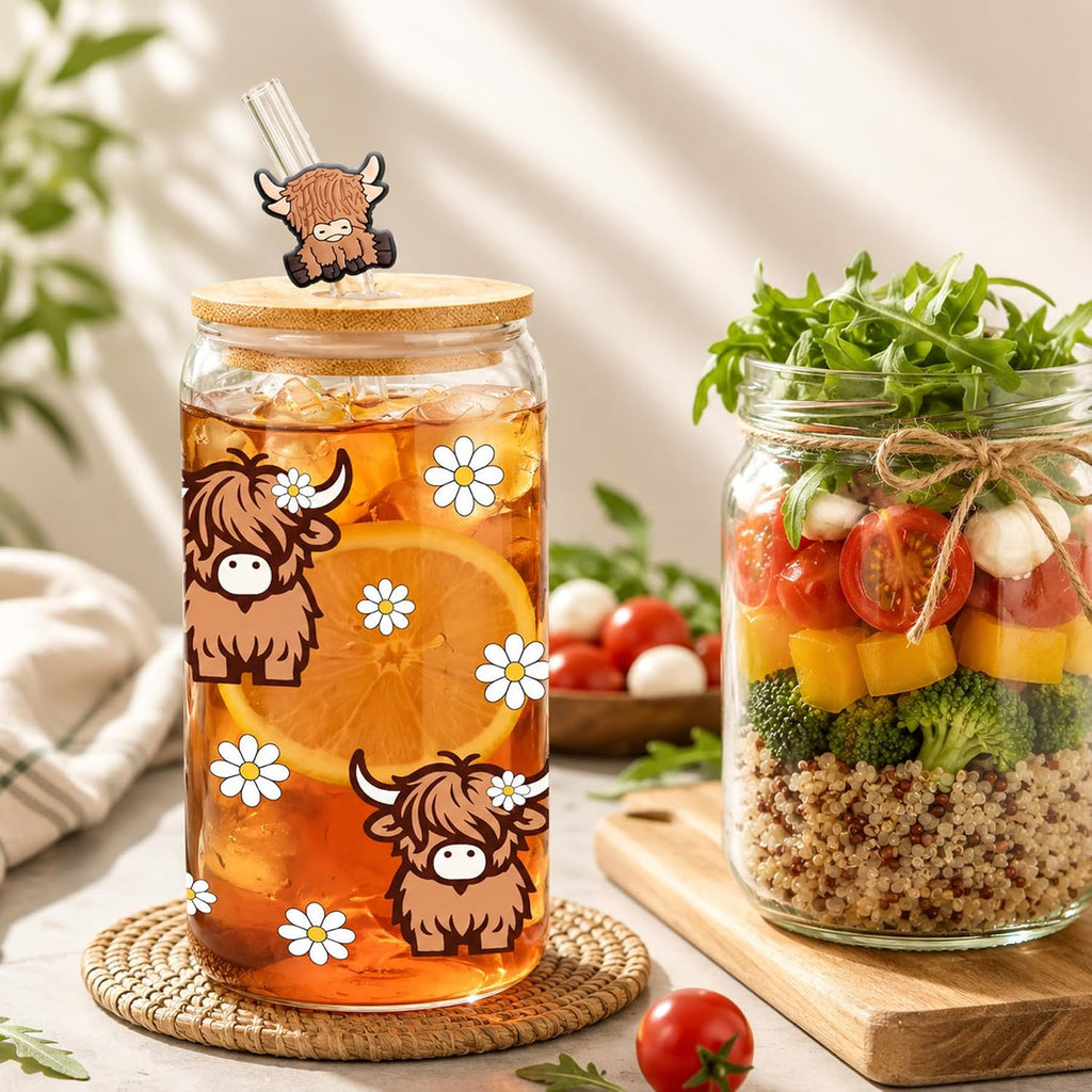 Highland Cows Gifts for Women - Glass Cup with Lid and Straw 16oz