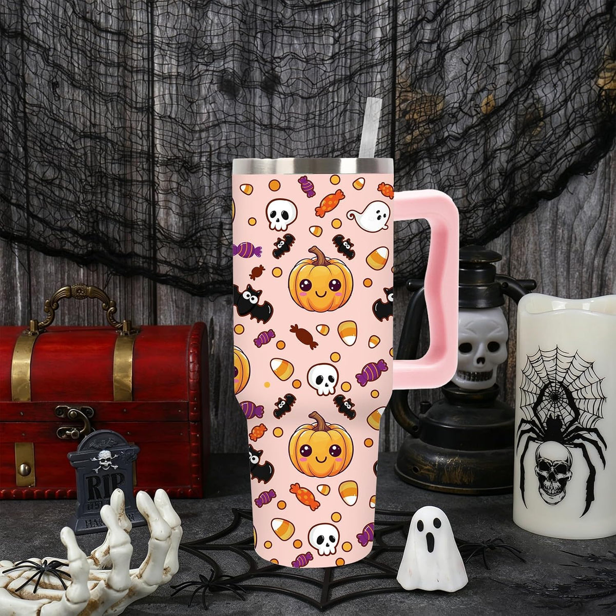 Whaline Halloween Tumbler 40oz Cute Pumpkin Skull Candy Corn Bat Tumbler with Lid Straw Pink Cartoon Stainless Steel Cup with Handle for Home Office Travel