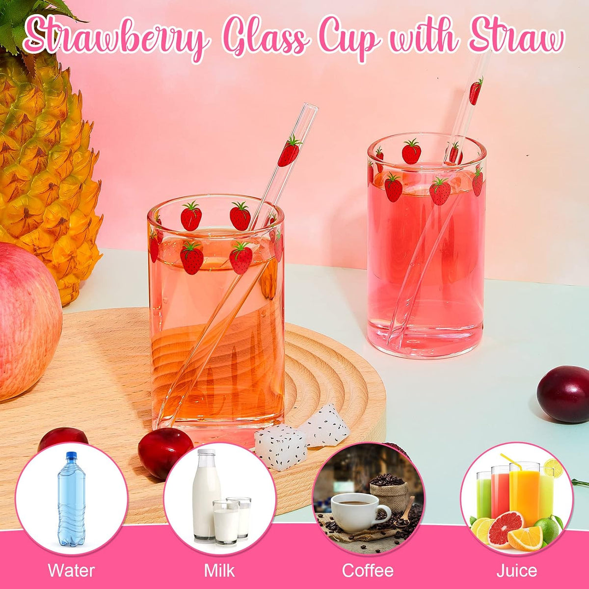 Tessco for you 2 Set Strawberry Glass Cup with Straw Clear Drinking Tumbler