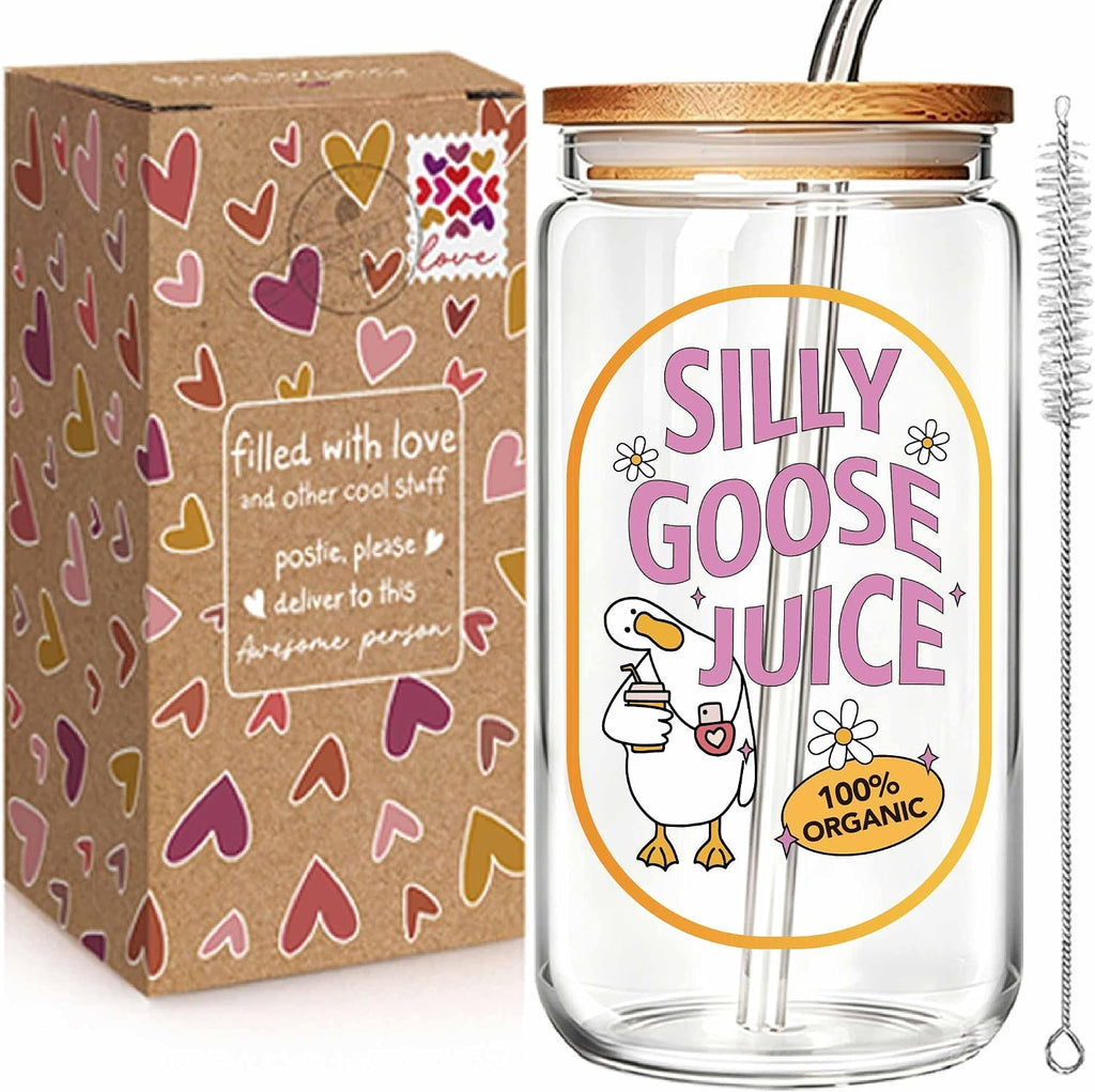 Silly Goose Juice 16oz Glass Cup with Lid and Straw, Funny Silly Goose Gift for Women, Iced Coffee Glass Tumbler for Coffee Lovers, Birthday Gift for Friends, Mom, Sister, Coworker