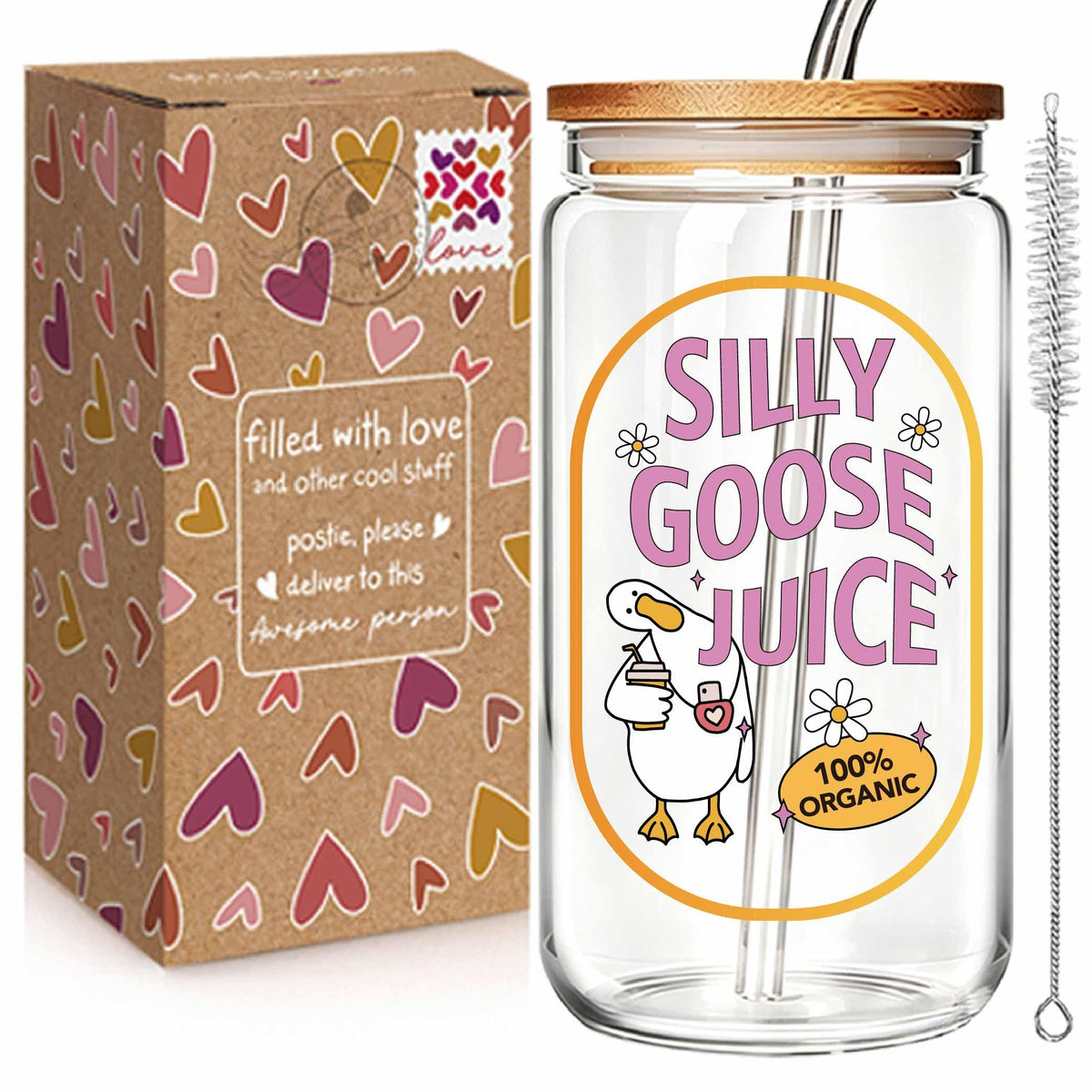 Silly Goose Juice 16oz Glass Cup with Lid and Straw, Funny Silly Goose Gift for Women, Iced Coffee Glass Tumbler for Coffee Lovers, Birthday Gift for Friends, Mom, Sister, Coworker