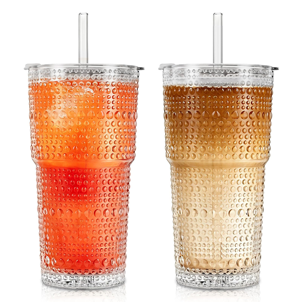 SoulTimes 20oz Ribbed & Floral Glass Tumbler with Lid and Straw – Iced Coffee Glasses Cups for Smoothie, Matcha, Juice, Water etc. Leakproof and Reusable Glassware Drinking for Travel To Go [2Pcs]