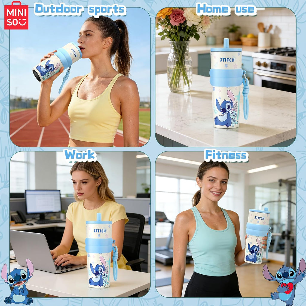 MINISO Disney Stitch Water Bottle, 20oz Lilo&Stitch Insulated Stainless Steel Bottle, Cartoon Vacuum Insulated Tumbler, Leak Proof Flip Top Stitch Cup for Sport Travel Office (Blue)