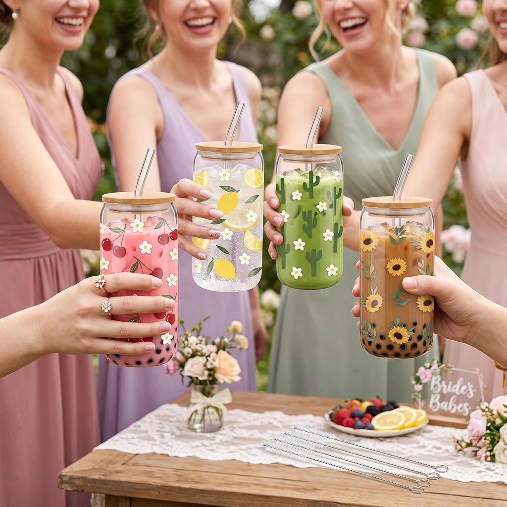 Cute Glass Cup Set of 4, 16 oz Iced Coffee Cups with Bamboo Lids Straws and Brush, Cherry Lemon Cactus Sunflower Floral Design, Gift for Women Girls Friend Bridesmaid Birthday Wedding
