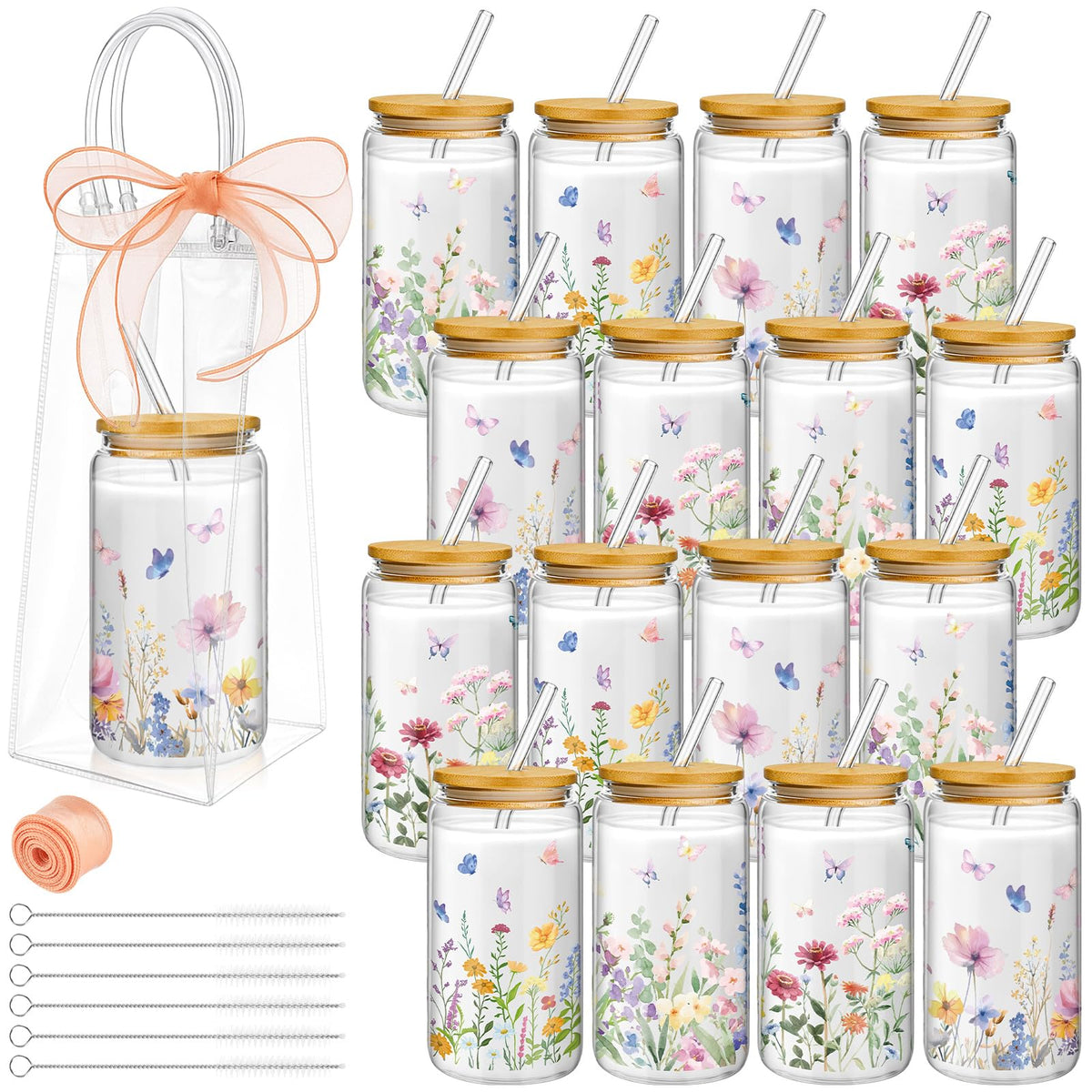 Mumufy 6 Sets Wildflower Cute Glass Cups with Lids and Straws Bulk, 16 Oz