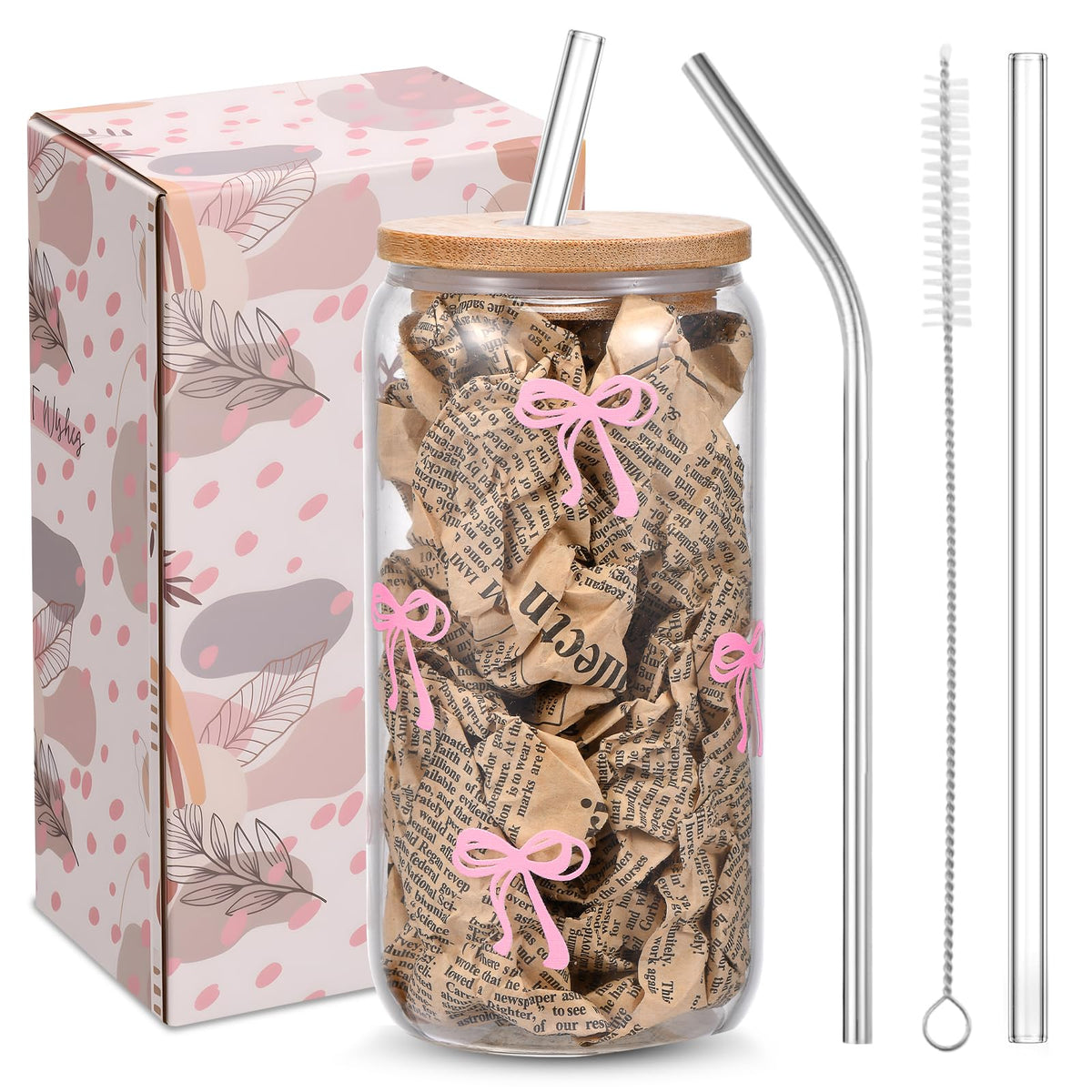 Cute Pink Bow Glass Cups with Lids & Straws, Aesthetic Iced Coffee Cup, Girly Preppy Design Tumbler Mug, Birthday Valentine Gifts for Women, Teen Girl Gifts Trendy Stuff